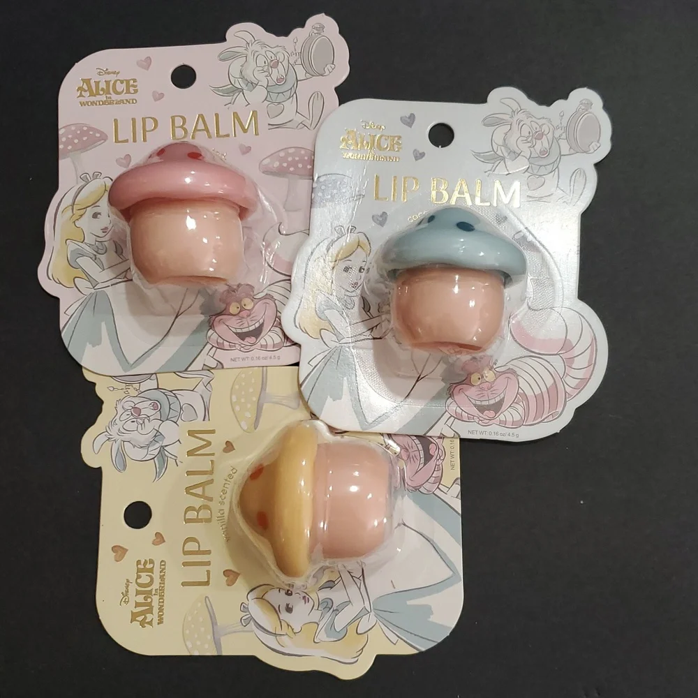 Disney's Alice in Wonderland raspberry vanilla and coconut scented lip balms new
